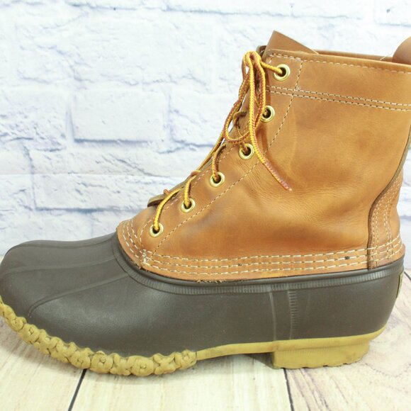 LL Bean Brown Leather 8" Lace Up Round Toe Unlined Ankle Duck Boots Size 8 M - Picture 1 of 10